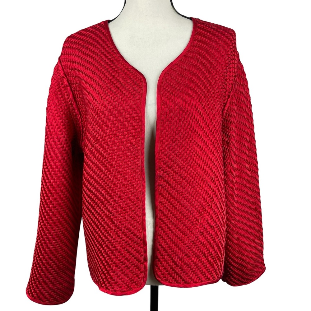 Chicos Design Women's Open Front Jacket 3/XL/16 Red 100% Silk Woven Ribbon Artsy